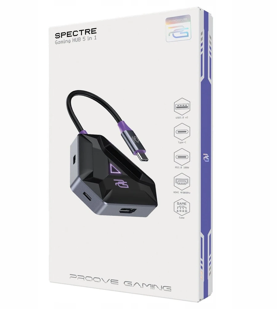 HUB USB PROOVE Hub žaidėjams Gaming 2x Usb-c 2x Usb 3.0 Hdmi Pd 100w Nešiojamajam kompiuteriui PC Proove / Hbpg18221205 / Spectre Gaming Hub