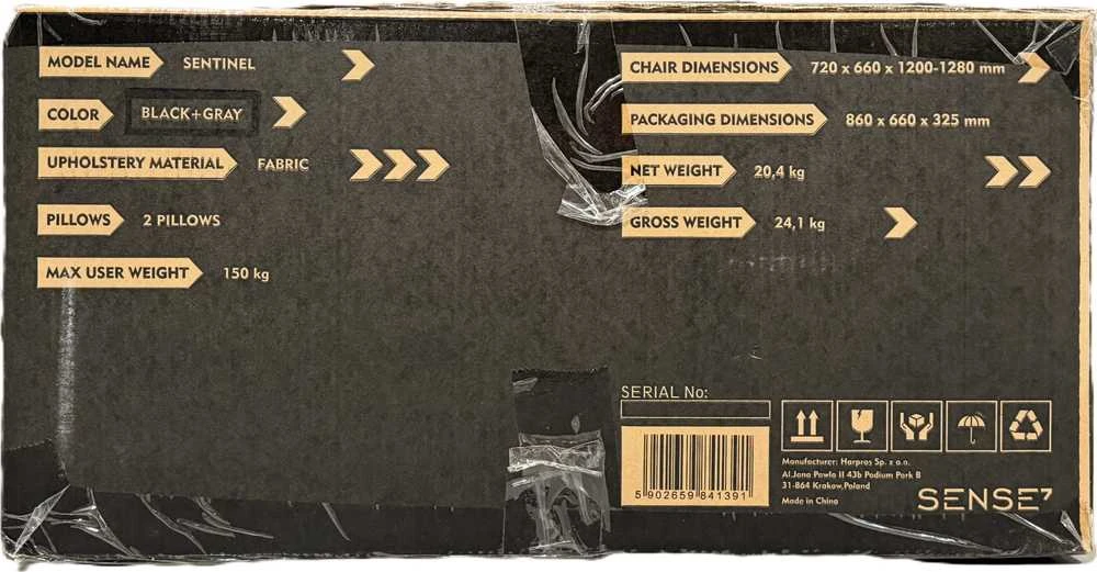 Žaidimų kėdė SENSE7 Sentinel, Pilka (medžiaginė)