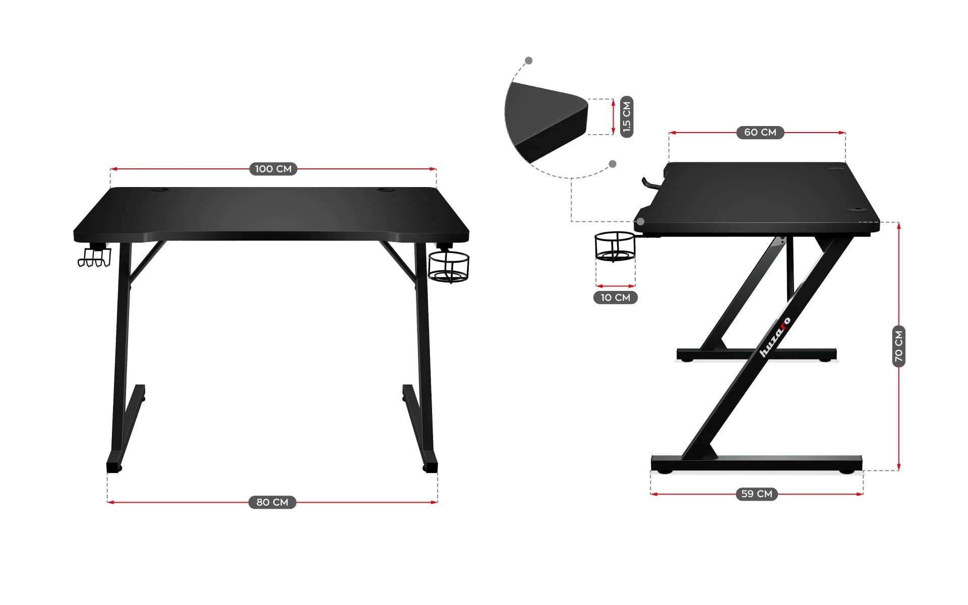 Žaidimų stalas Huzaro Hero 1.8 Gaming Desk, Juodos spalvos