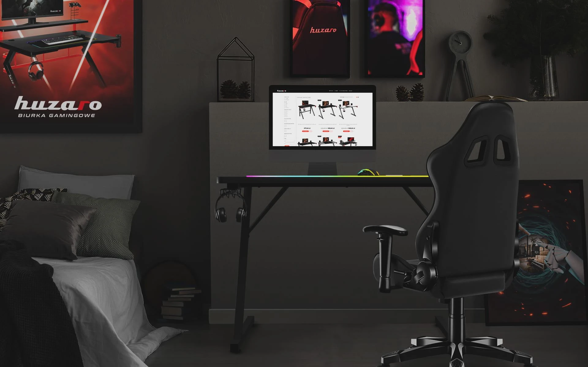Žaidimų stalas Huzaro Hero 1.8 Gaming Desk, Juodos spalvos