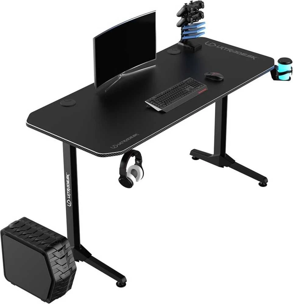 Žaidimų stalas Ultradesk Frag Gaming Desk, Juodas su juodu kilimėliu