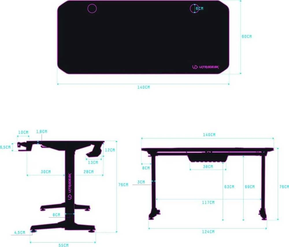 Žaidimų stalas Ultradesk Frag Gaming Desk, Juodas su juodu kilimėliu