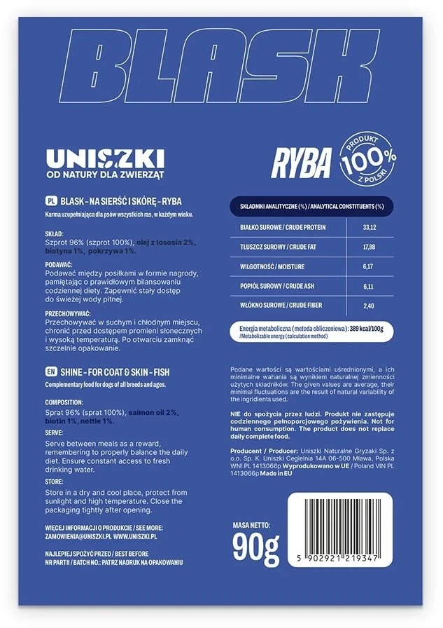 UNISZKI Blask skanėstas šunims kailiui ir odai su žuvimi 90g