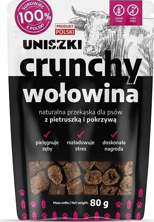 UNISZKI Traški jautiena su petražolėmis ir dilgėlėmis - šunų skanėstas - 80 g