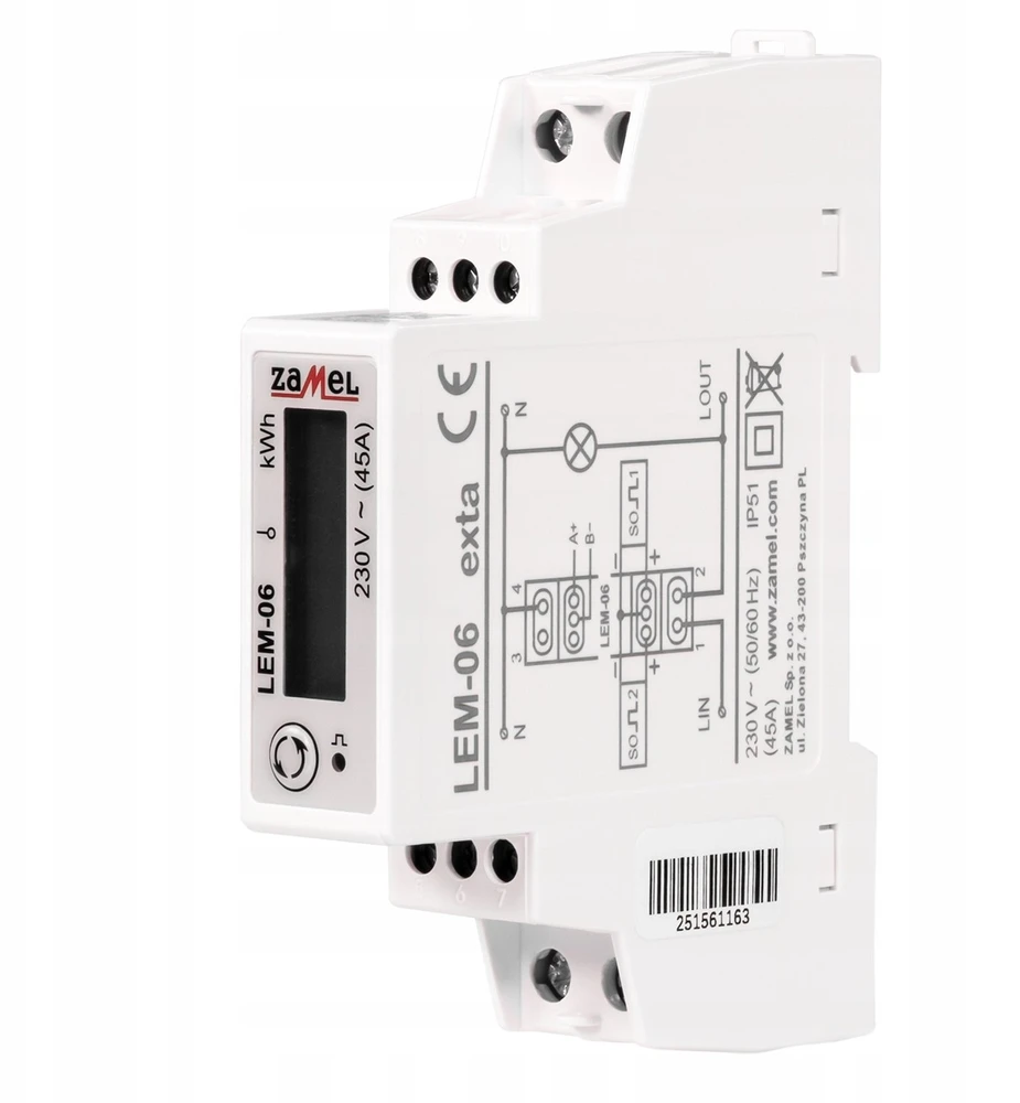 Zamel Vienfazis elektros energijos skaitiklis MODBUS tiesioginis matavimas iki 45A LEM-06