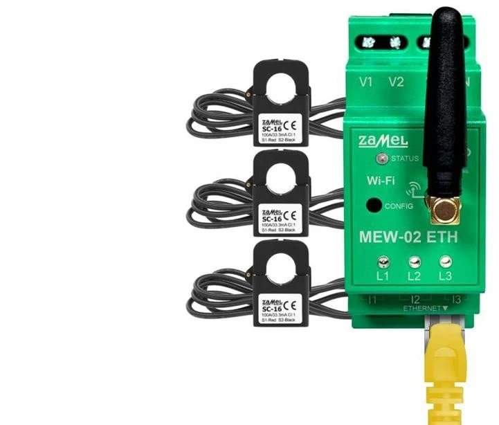 Zamel Supla MEW-02 ETH - elektros suvartojimo monitorius 3F+N WiFi - 3x SC-16 100A transformatorius