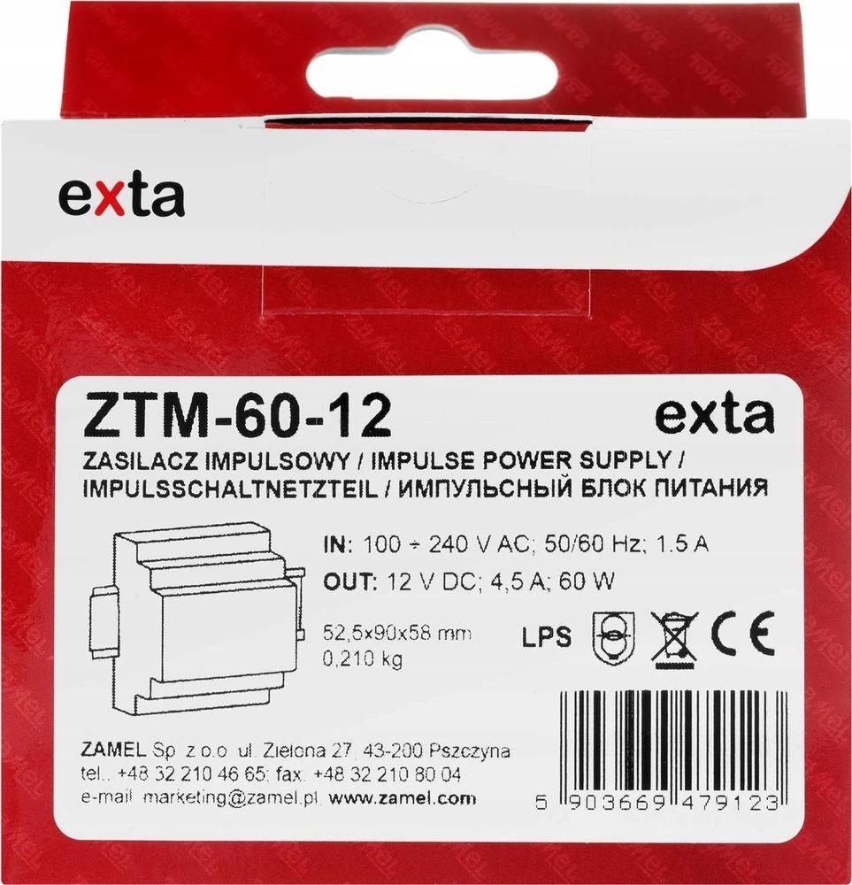 Zamel Perjungiamas maitinimo šaltinis, montuojamas ant TH-35 (DIN) bėgio, 60W, 12V DC tipas: ZTM-60/12 EXT10000283