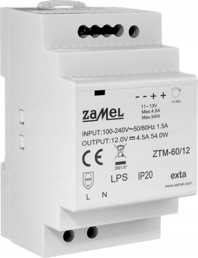 Zamel Perjungiamas maitinimo šaltinis, montuojamas ant TH-35 (DIN) bėgio, 60W, 12V DC tipas: ZTM-60/12 EXT10000283