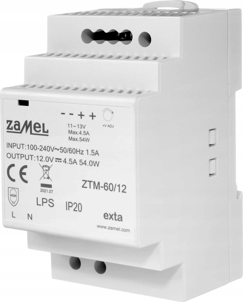 Zamel Perjungiamas maitinimo šaltinis, montuojamas ant TH-35 (DIN) bėgio, 60W, 12V DC tipas: ZTM-60/12 EXT10000283