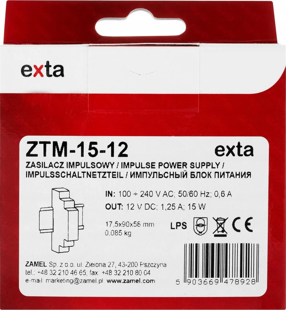 Zamel Perjungiamas maitinimo šaltinis montuojamas ant TH-35 (DIN) bėgio, 15W, 12V DC tipas: ZTM-15/12 EXT10000279