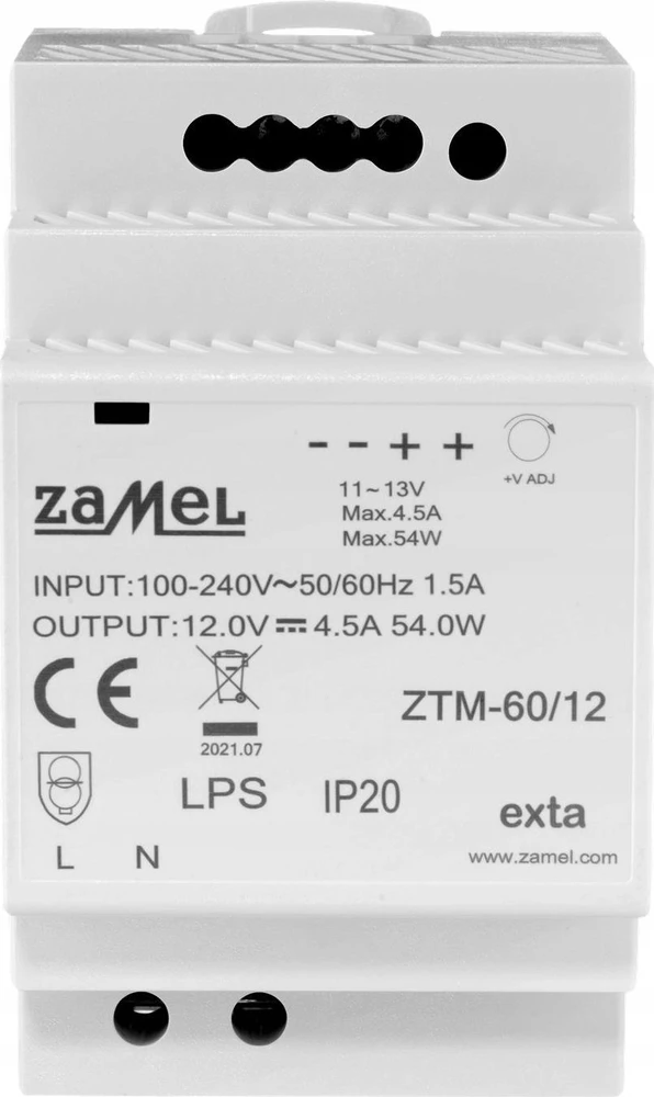 Zamel Perjungiamas maitinimo šaltinis, montuojamas ant TH-35 (DIN) bėgio, 60W, 12V DC tipas: ZTM-60/12 EXT10000283