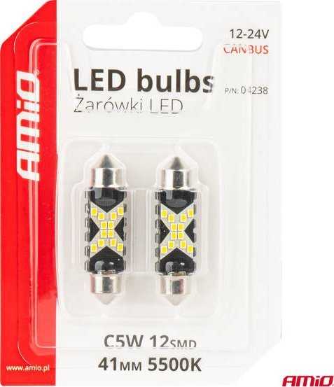 „Canbus Festoon C5W 12SMD LED“ lemputės 2016 m., 41 mm, baltos, 12 V, 24 V, amio-04238