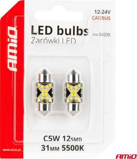 LED lemputės, Canbus, festoon, C5W, 12SMD, 2016, 31mm, baltos, 12V, 24V, amio-04235