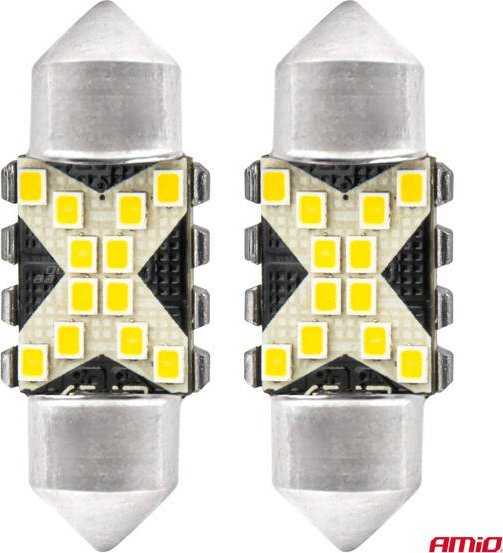 LED lemputės, Canbus, festoon, C5W, 12SMD, 2016, 31mm, baltos, 12V, 24V, amio-04235