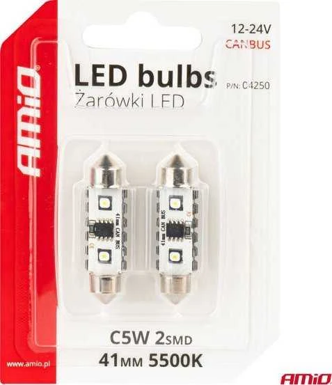 LED lemputės, Canbus, festoon, C5W, 2SMD, 3838, 41 mm, baltos, 12 V, 24 V, amio-04250