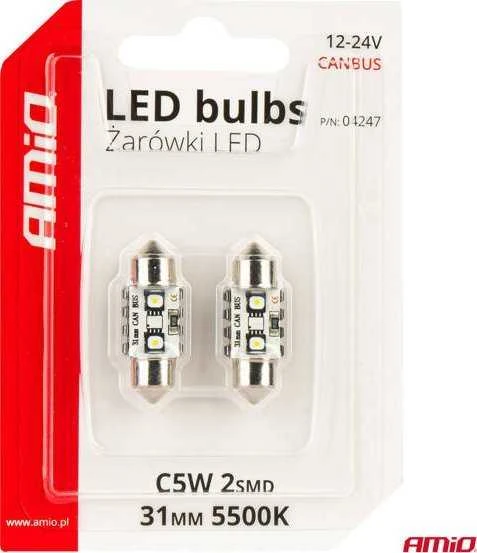 LED lemputės, Canbus, festoon, C5W, 2SMD, 3838, 31 mm, baltos, 12 V, 24 V, amio-04247