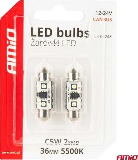 LED lemputės, Canbus, festoon, C5W, 2SMD, 3838, 36 mm, baltos, 12 V, 24 V, amio-04248