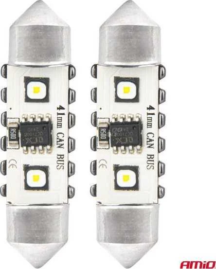 LED lemputės, Canbus, festoon, C5W, 2SMD, 3838, 41 mm, baltos, 12 V, 24 V, amio-04250