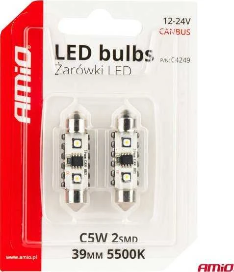 LED lemputės, Canbus, festoon, C5W, 2SMD, 3838, 39 mm, baltos, 12 V, 24 V, amio-04249
