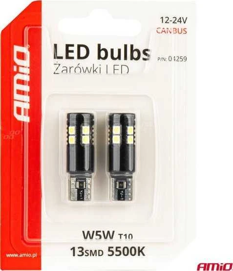 LED lemputės Canbus T10 W5W 13SMD 3030 baltos 12V 24V amio-04259