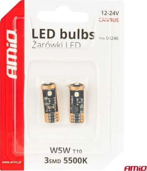 LED lemputės Canbus T10 W5W 3SMD 3838 baltos 12V 24V amio-04246