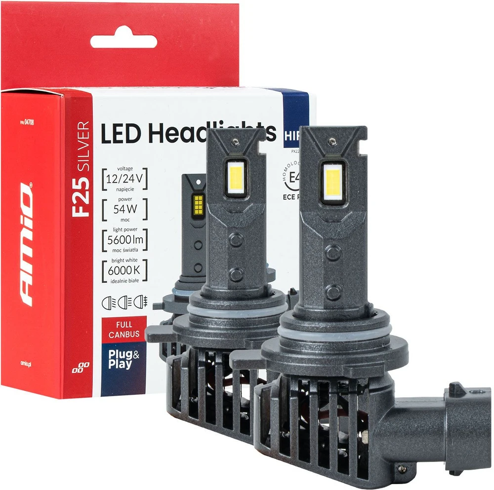 LED žibintų lemputės F25 Sidabrinis FULL CANBUS HIR2 9012 54W 12V 24V AMIO-04708
