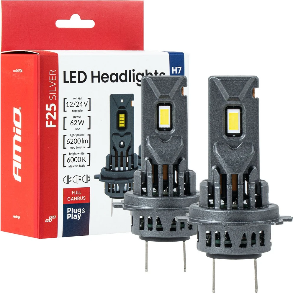 LED žibintų lemputės F25 Sidabrinis FULL CANBUS H7/H18 62W 12V 24V AMIO-04704