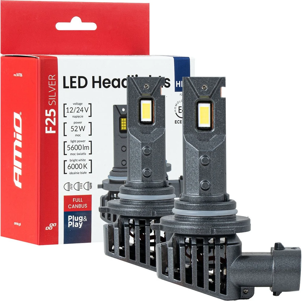 LED žibintų lemputės F25 Sidabrinis FULL CANBUS HB3 9005 52W 12V 24V AMIO-04706