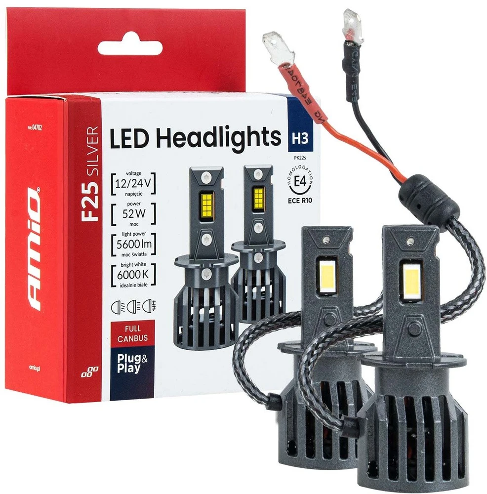 LED žibintų lemputės F25 Sidabrinis FULL CANBUS H3 52W 12V 24V AMIO-04702