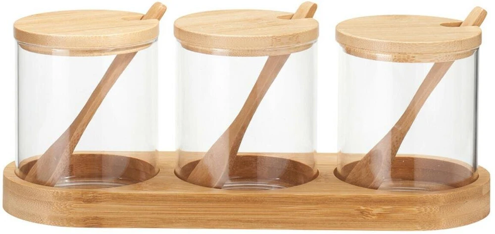 Zassenhaus Bamboo YULEA prieskonių indeliai, 3 x Ø 8,5 cm, ant bambukinio pagrindo