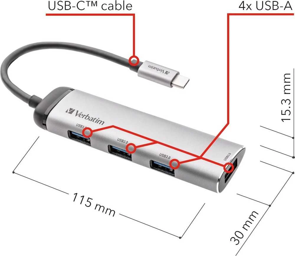 Verbatim Adapteris Hub USB-C - 4xUSB-A 3.2 pilkos spalvos 49147