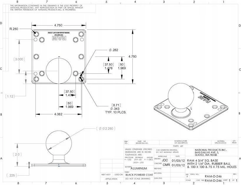 „Ram Mounts“ UNK RAM 4,75 kv. m. „VESA“ pagrindas 100 ir 75 mln.