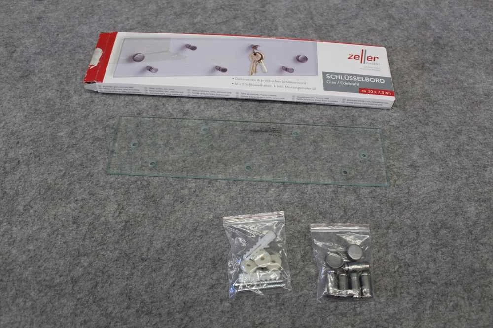 Steel Raktų kabykla 30x8 cm + 5 kabliukai, stiklas, nerūdijantis plienas, ZELLER