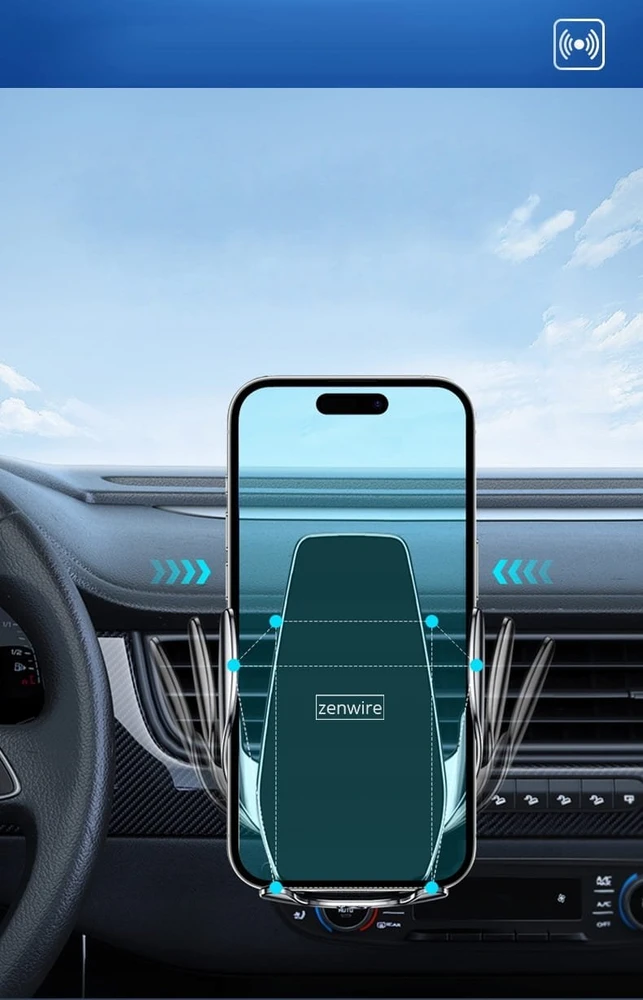 Zenwire Automobilinis telefono laikiklis su belaidžiu įkrovikliu, priekinio stiklo grotelės, kabinos paviršius Zenwire W30