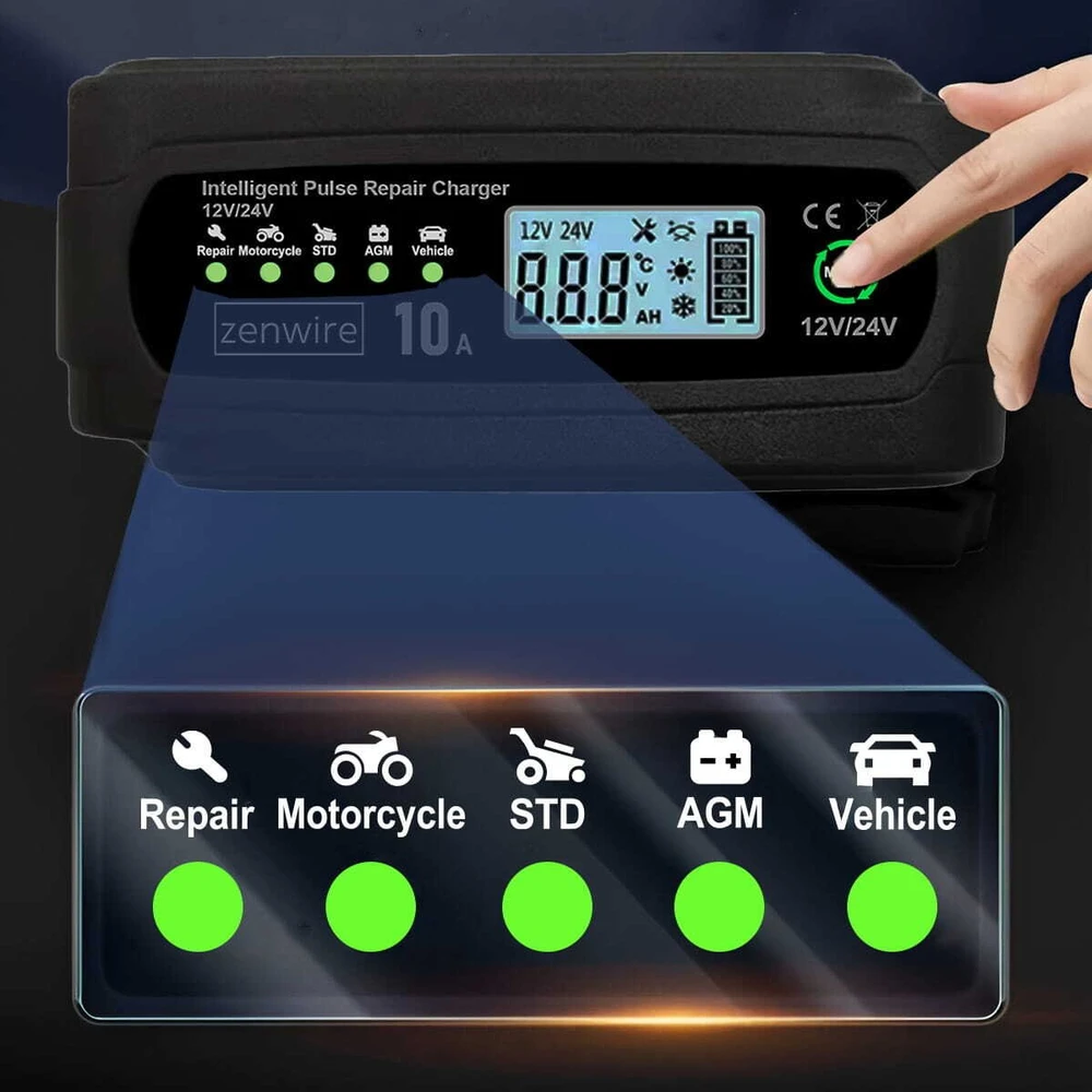 Zenwire Automobilio akumuliatoriaus įkroviklis su remonto funkcija 12V 24V 10A JMD-10