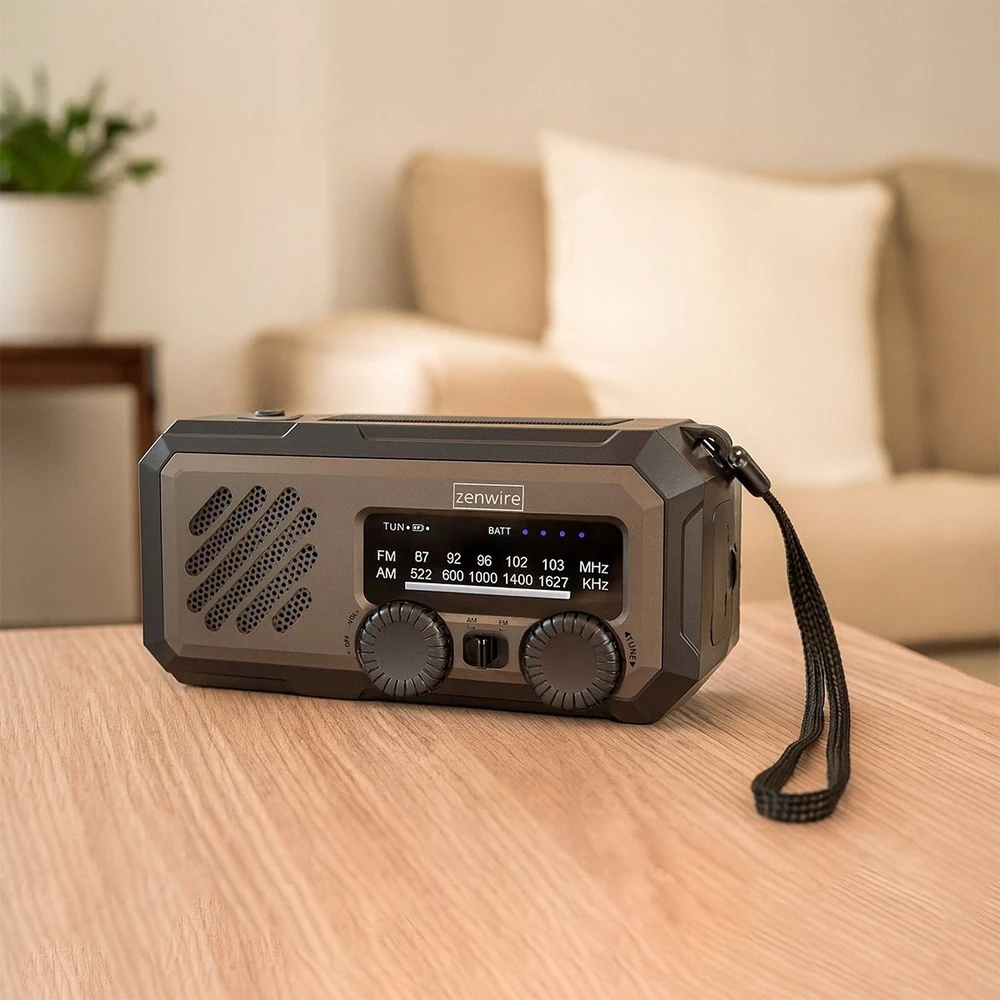 Zenwire Mini statybinis radijas, nešiojamas, saulės energijos, avarinis, statybinis, su rankenėle, baterijos, powerbank