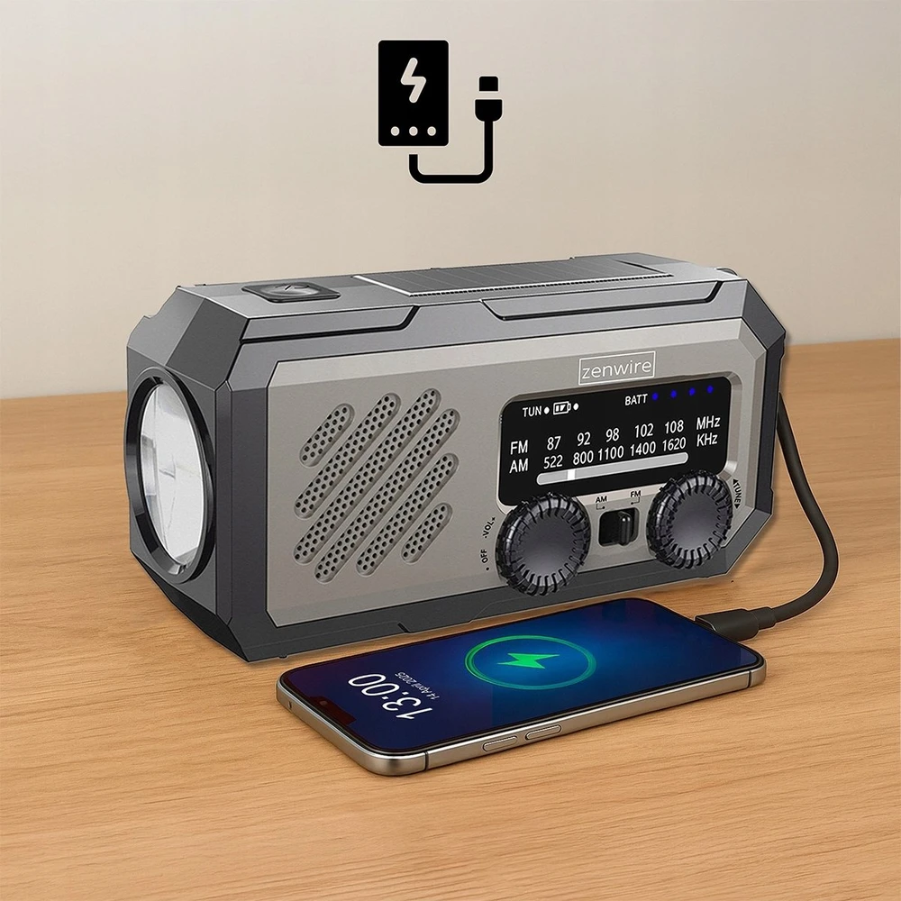 Zenwire Mini statybinis radijas, nešiojamas, saulės energijos, avarinis, statybinis, su rankenėle, baterijos, powerbank