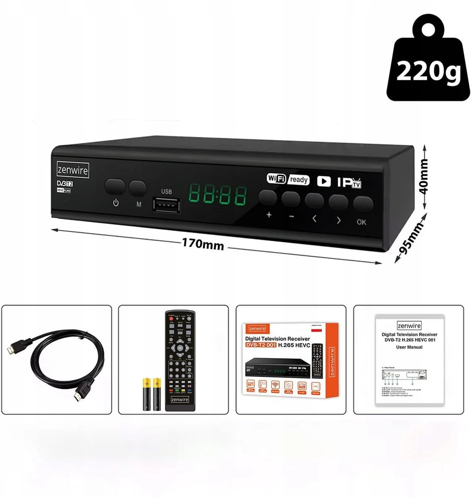 Usorteret Palydovinės televizijos dekoderio imtuvas DVB-T2 HEVC H.265 „Full HD“ antžeminė televizija su USB laidu DVB-T2-001