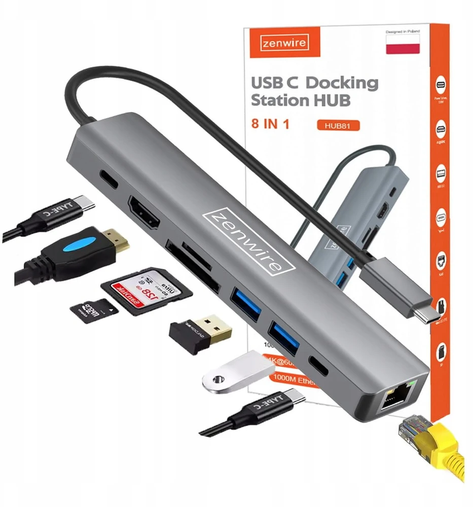 USB ŠAKOTUVAS „Zenwire“ USB-C ŠAKOTUVO Adapteris ADAPTERIS 8in1 HDMI Gigabit Ethernet „Macbook Pro Air M4“