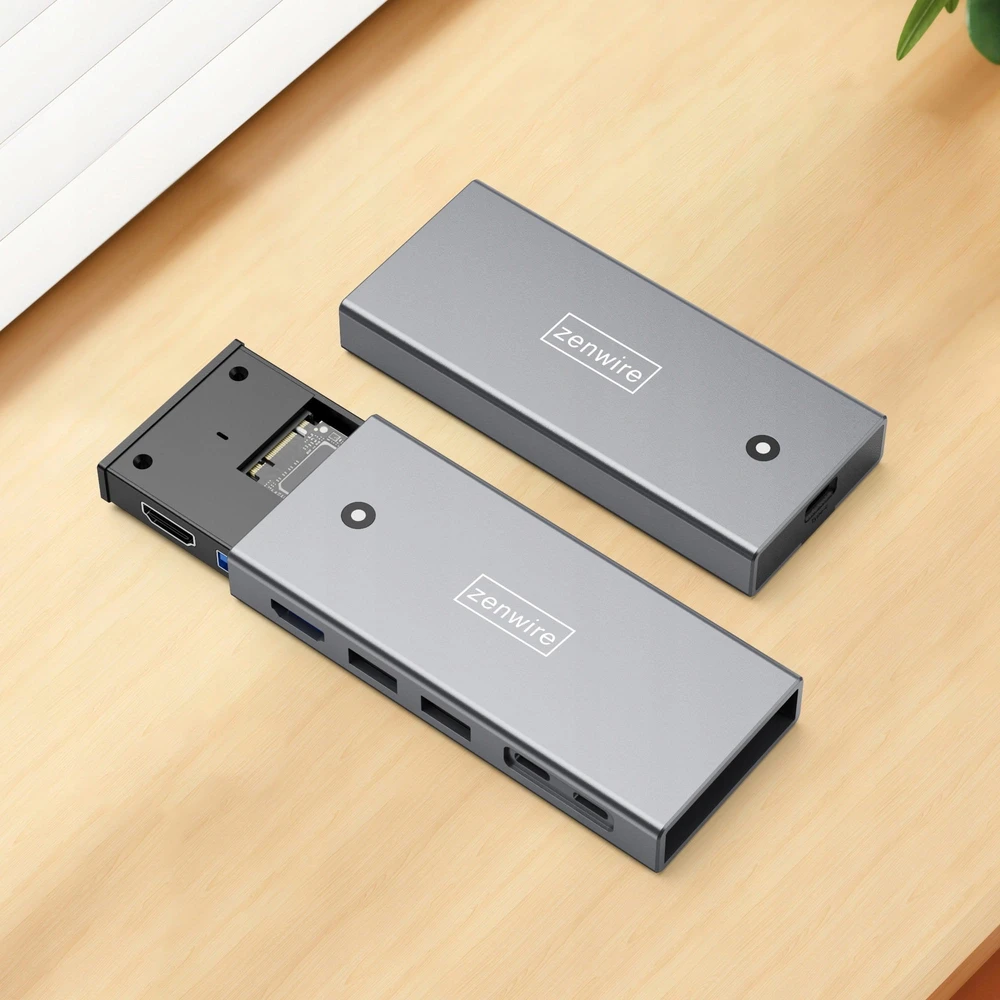 Zenwire USB-C šakotuvas su atidarytu SSD M.2 korpusu