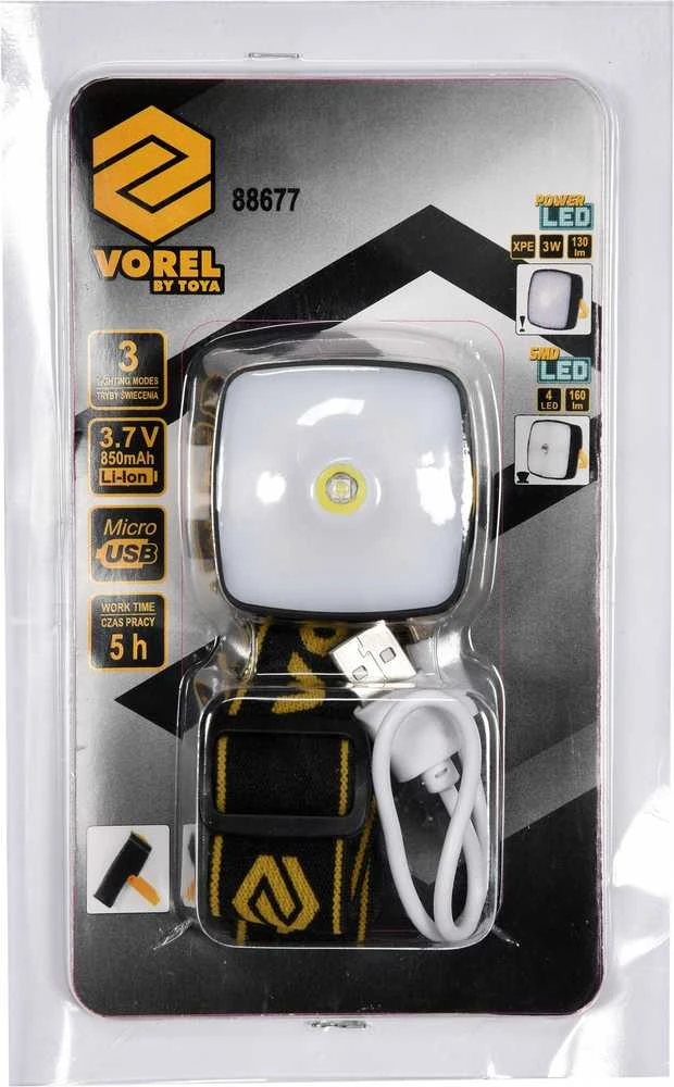 Vorel Toya Sa Poland Prožektorius dedamas ant galvos XPE CREE 3W 4 SMD LED Li-Ion AKU USB (88677)