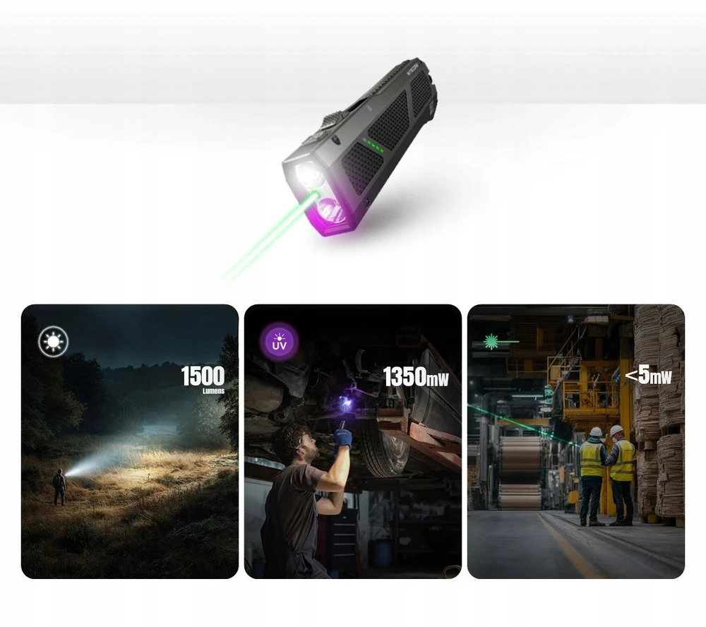 Nitecore EDC17 žibintuvėlis – 1 500 liumenų balta šviesa, UV ir žalias lazeris, įkraunamas per USB-C, nerūdijantis plienas, atsparus vandeniui (IPX7), kompaktiškas dizainas
