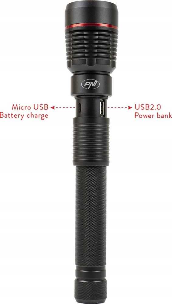 PNI Adventure F450 aliumininis žibintuvėlis su fokusavimo ir BOOST funkcija, 20 W LED, 1500 lm iki 450 m, išorinė baterija su USB išvestimi, micro USB įkrovimas, 4400 mAh baterija komplekte, veikia 10 valandų nepertraukiamai
