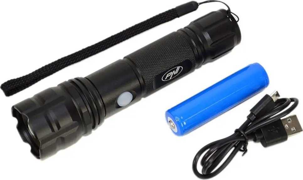 PNI Adventure F10 aliumininis žibintuvėlis su 1x6W LED, 500lm iki 200m fokusavimu, su baterija ir micro USB jungtimi
