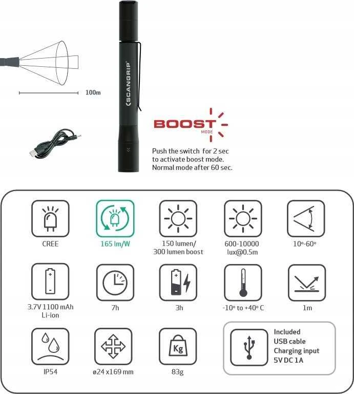 Žibintuvėlis Scangrip FLASH PEN R 300lm, įkraunamas, IP54