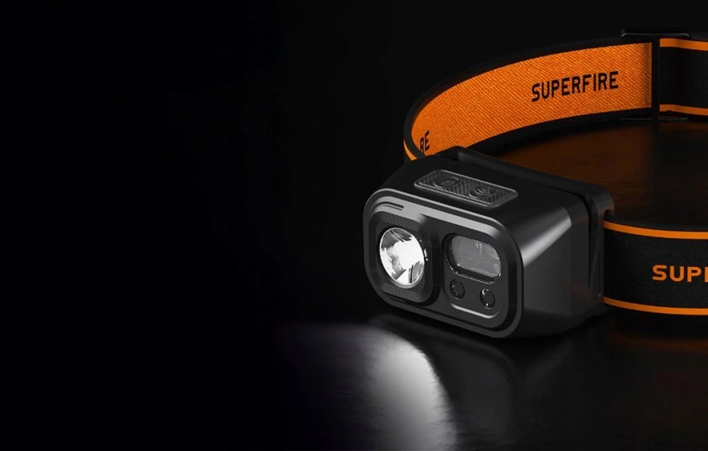Superfire Žibintuvėlis ant galvos, įkraunamas USB C, 350lm, 2000mAh, su sensoriumi ON/OFF, balta-raudona