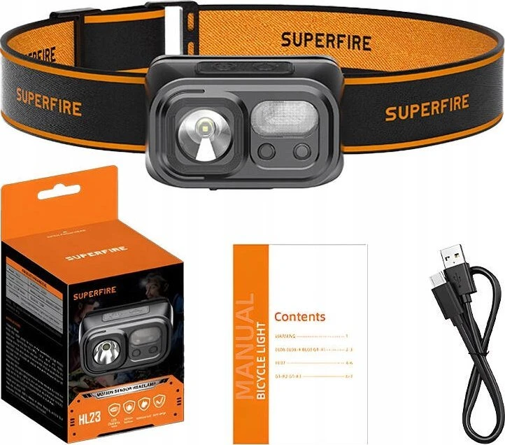 Superfire Žibintuvėlis ant galvos, įkraunamas USB C, 350lm, 2000mAh, su sensoriumi ON/OFF, balta-raudona