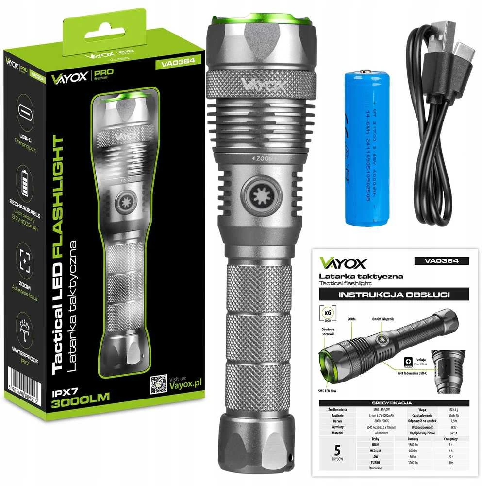 Žibintuvėlis taktinis 3000lm IPX7 30W SMD VAYOX VA0364