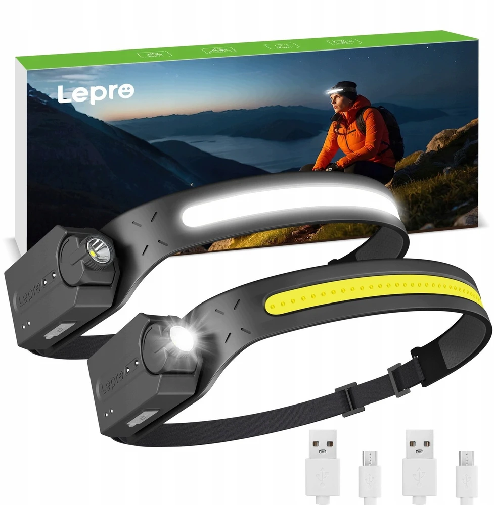 Lepro LED įkraunama galvos lempa, 350 lm, 230° kampas, 5 režimai, USB-C, IP44, PR320019-2, 2 vnt.