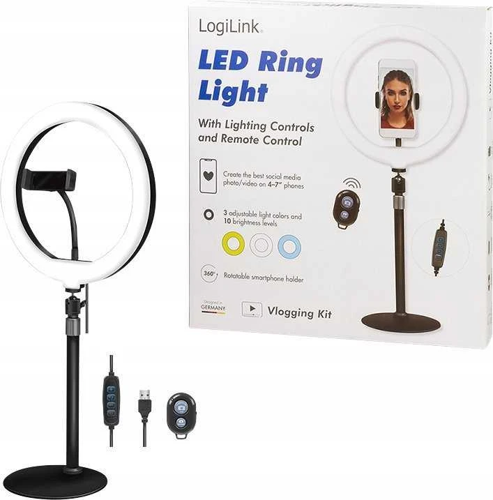 Dėklas Žiedinė lempa LogiLink Tripod for ring light for smartfon su pultu DM 25cm